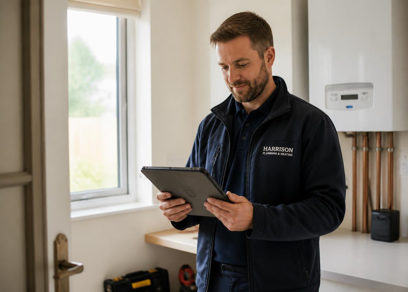 A tradesperson in a workshop reviewing a job on a tablet
